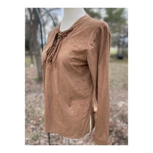 Bill Blass Vintage 90s Faux Suede Western Shirt Lace Up Neckline Long Sleeve S